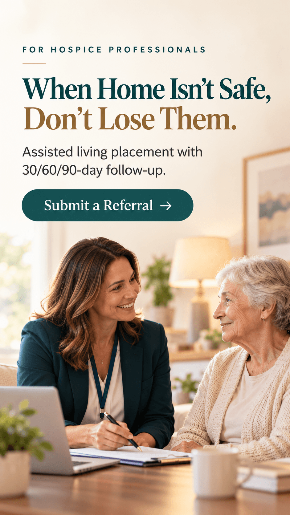 A hospice liaison meeting with an older adult in a warm, welcoming setting