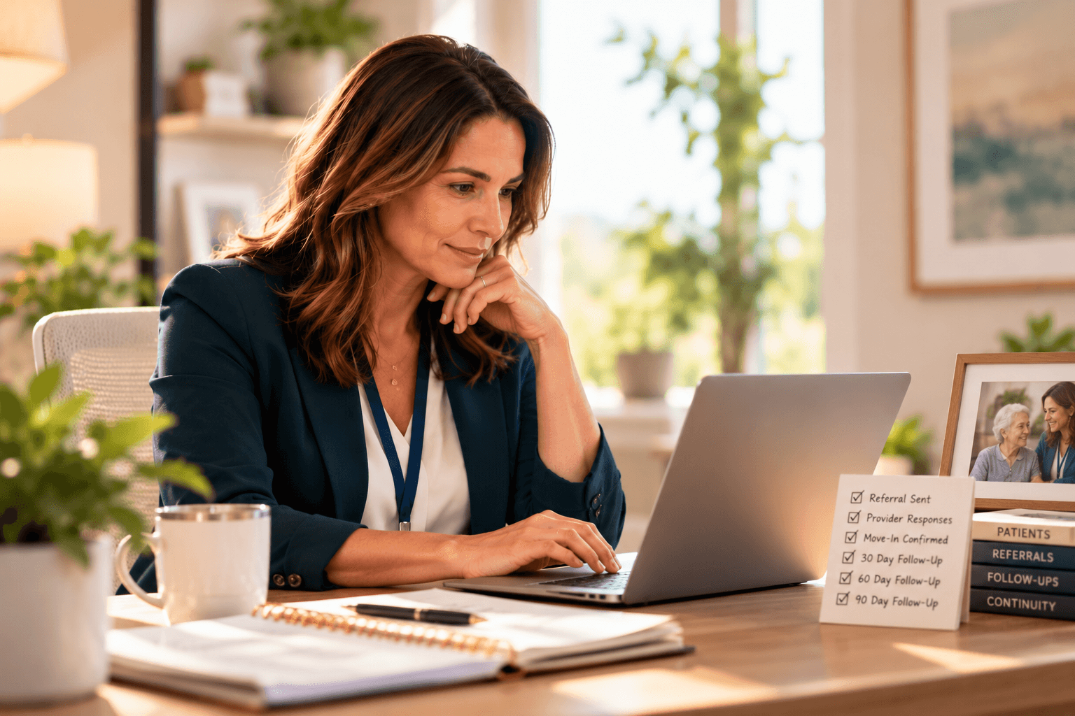 A hospice referral coordinator reviewing placement and follow-up details at a laptop